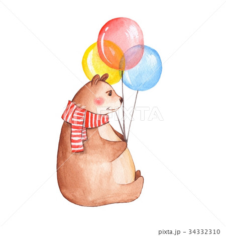 Bear with balloons. Watercolor illustration 34332310