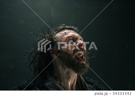 Portrait of a brutal bald-headed viking in a Portrait of a brutal bald-headed viking in a 34333342