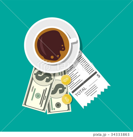 Cup with coffee, cash and coins, cashier check. 34333863