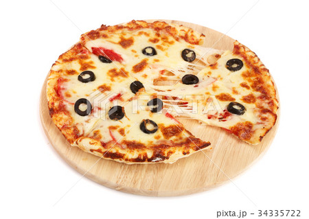 pizza with black olives on a wooden board isolated 34335722