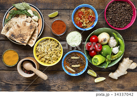 Various Indian and vegetarian dishes and snacks Various Indian and vegetarian dishes and snacks 34337042