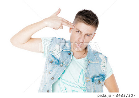 Young Man In Denim Isolated White Backgroundの写真素材