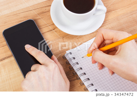 Hand of woman using mobile phone or smartphone 34347472