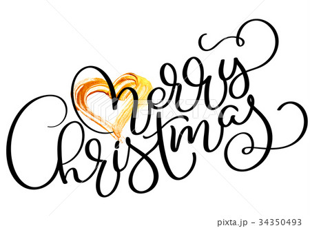 Merry Christmas holiday text with gold heart. Hand Merry Christmas holiday text with gold heart. Hand 34350493