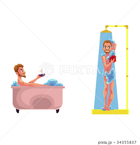 vector adult man washing in bathtub, shower set vector adult man washing in bathtub, shower set 34355837