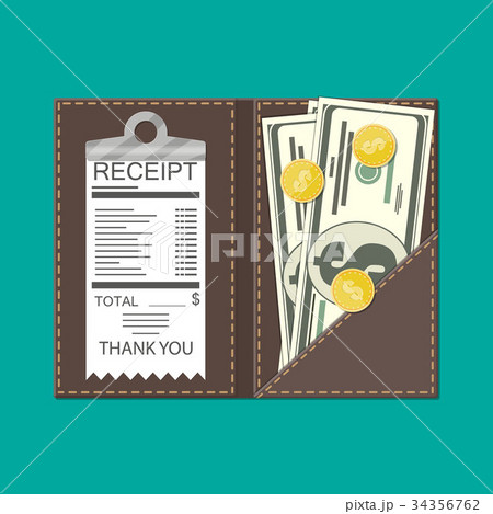 Leather folder with cash, coins and cashier check. 34356762