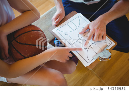 Close up of coach explaining diagram to female basketball player Close up of coach explaining diagram to female basketball player 34356981