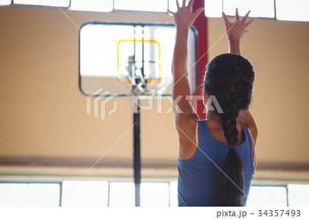 Rear view of female basketball player in court Rear view of female basketball player in court 34357493