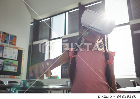 Girl wearing virtual reality simulator Girl wearing virtual reality simulator 34359330