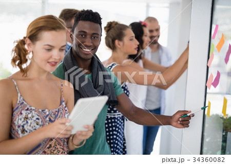 Female executive using digital tablet while male executive pointing at sticky notes Female executive using digital tablet while male executive pointing at sticky notes 34360082