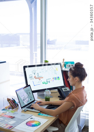 Female executive working over laptop at her desk Female executive working over laptop at her desk 34360357