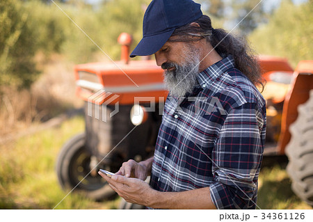Man using mobile phone in olive farm 34361126