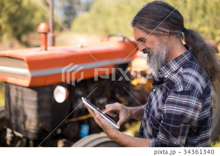 Man using digital tablet in olive farm Man using digital tablet in olive farm 34361340