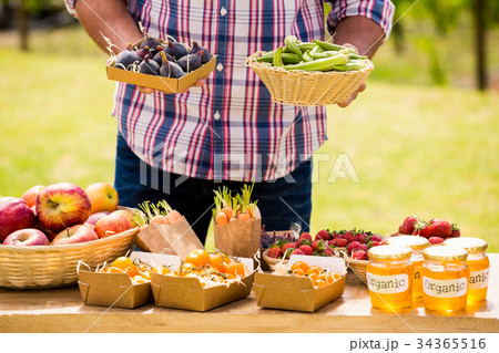 Midsection of man selling figs and okras 34365516