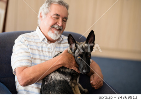 Happy senior man stroking puppy while sitting on armchair Happy senior man stroking puppy while sitting on armchair 34369913