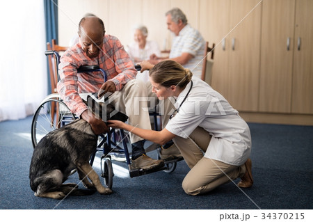 Female doctor kneeling by disabled senior man stroking puppy Female doctor kneeling by disabled senior man stroking puppy 34370215