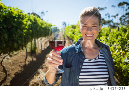 Portrait of female vintner holding glass of wine Portrait of female vintner holding glass of wine 34374233