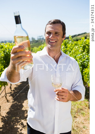 Smiling vintner examining wine 34374331