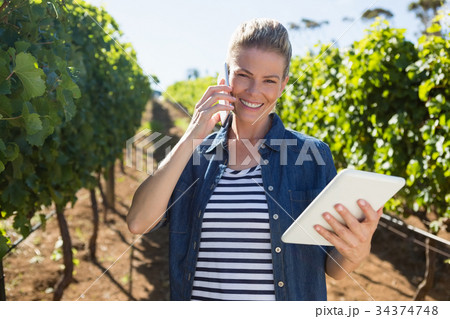 Female vintner using digital tablet while talking on mobile phone 34374748