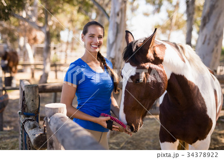 Portrait of female jockey cleaning horse 34378922