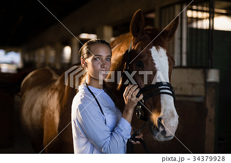 Female vet stroking horse at stable 34379928