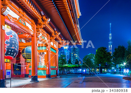 東京 浅草 浅草寺 宝蔵門とスカイツリーの写真素材