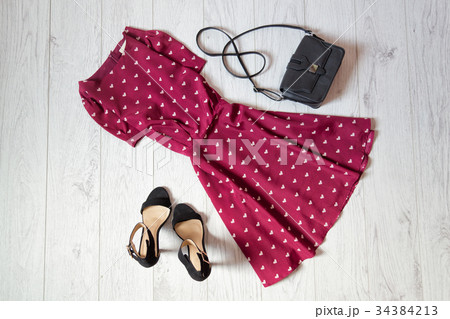 Sundress burgundy, black handbag and shoes 34384213