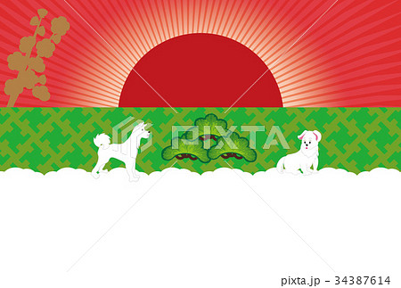 日の出と白い犬と梅の花のグリーティングカード 日の出と白い犬と梅の花のグリーティングカード 34387614