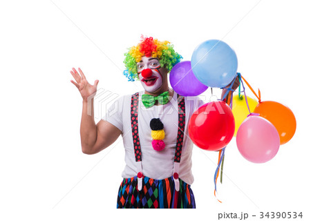 Funny clown with balloons isolated on white Funny clown with balloons isolated on white 34390534