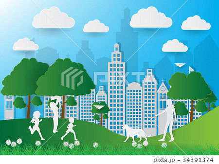 Paper art of people and pets on green background Paper art of people and pets on green background 34391374