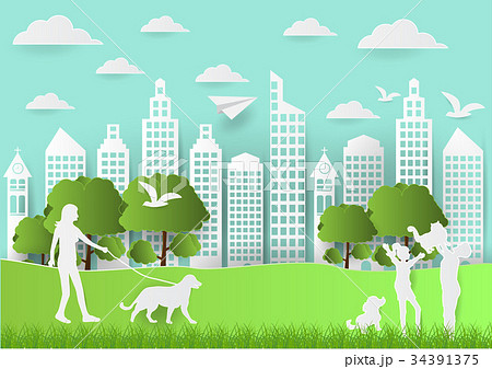 Paper art of people and pets on green background Paper art of people and pets on green background 34391375