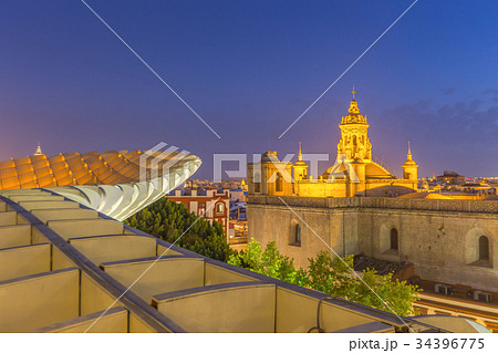 Aerial view of seville city skyline at dusk,Spain Aerial view of seville city skyline at dusk,Spain 34396775