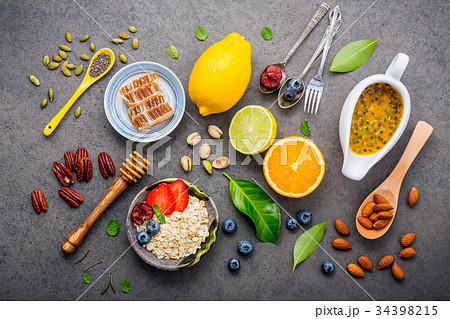 Ingredients for the healthy foods background. 34398215