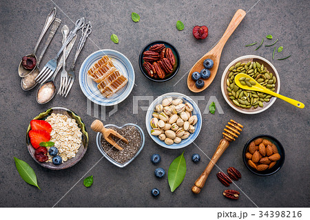 Ingredients for the healthy foods background. 34398216