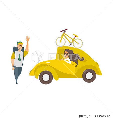 vector girl in car, man hiker waving hand 34398542