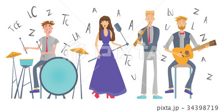 Music band playing the song. Drummer, singer 34398719