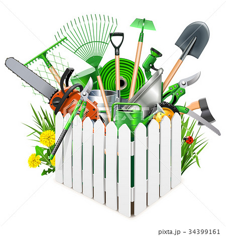Vector White Wooden Fence with Garden Accessories 34399161
