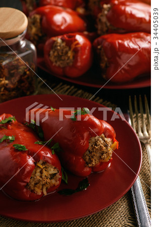 Stuffed red peppers with meat and rice. Stuffed red peppers with meat and rice. 34405039