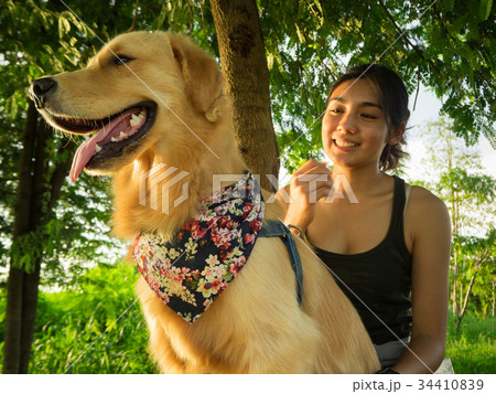 Golden retriever and Asian woman 34410839