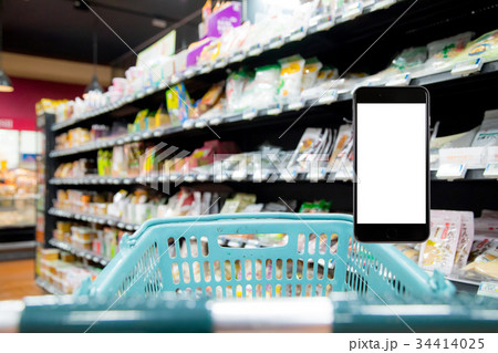 はめ込み用背景素材　スーパーマーケット、スーパー、食材売り場、お店、デパート、食品衛生法 34414025