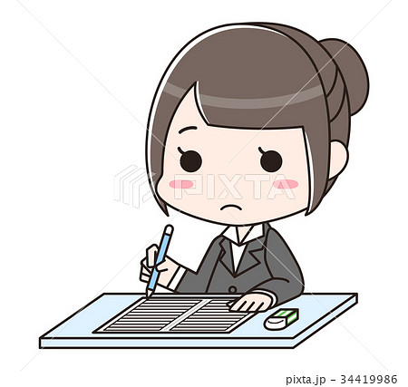 採用試験を受ける女性　ペーパーテスト　SPI　無表情 34419986