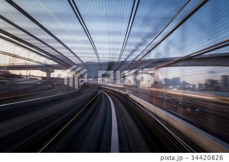 Motion blur of train moving inside tunnel in tokyo 34420826