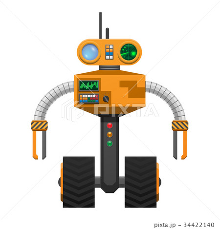 Yellow Metallic Robot with Wheels Instead of Legs 34422140