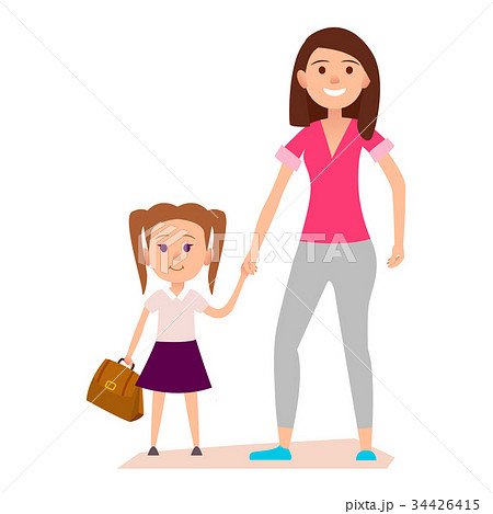 Little Girl with Brown Schoolbag Keeps Mom's Hand 34426415