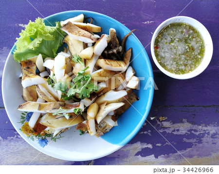grilled squid and vegetable with seafood sauce grilled squid and vegetable with seafood sauce 34426966