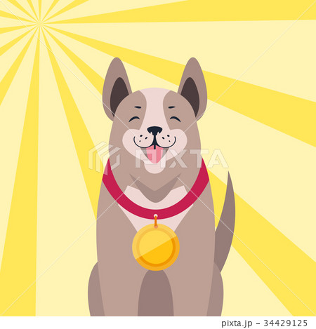 Happy Dog with Medal Cartoon Flat Vector 34429125