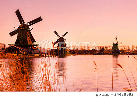 Sunset panorama with windmills in Zaanse Schans 34429992