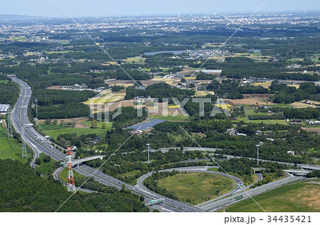 空撮 常磐高速道路友部ジャンクション の写真素材