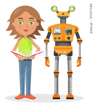 Little Girl with Book and Iron Robot illustration 34437389