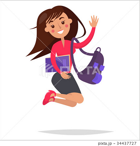 Jumping Girl Student with Backpack and Notebook 34437727